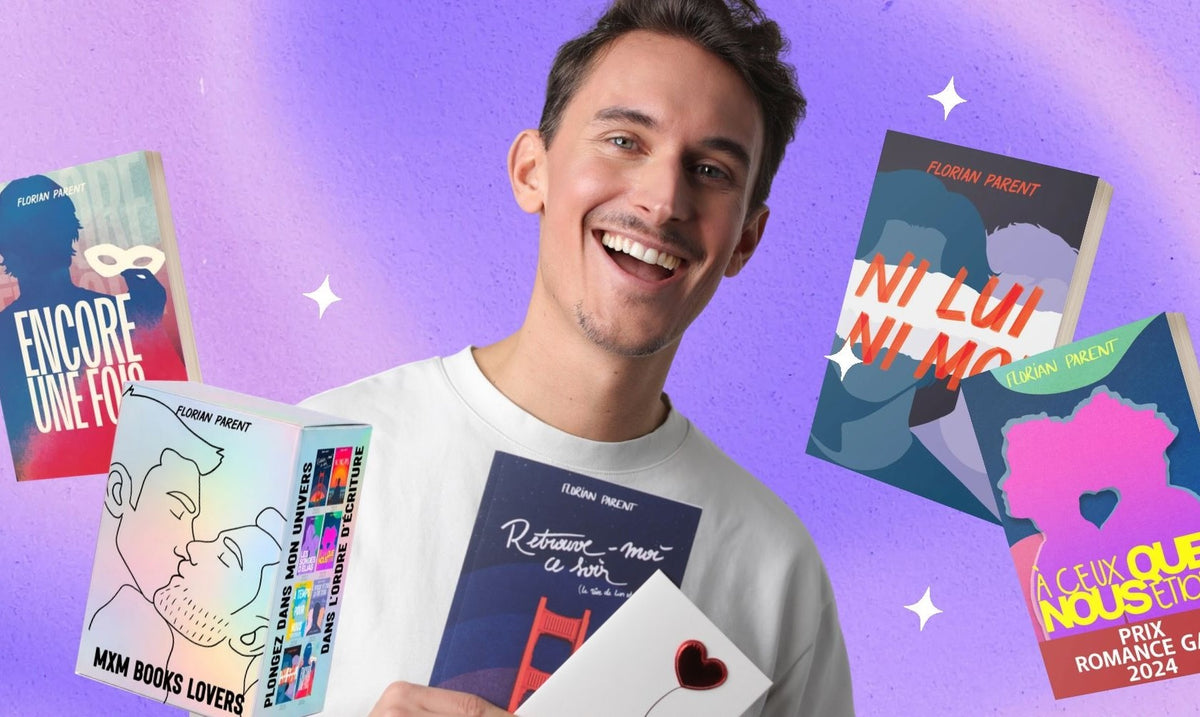 Florian Parent avec ses romans gay et le coffret MXM Books Lovers